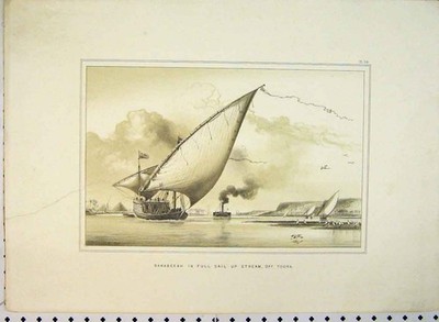 Original Old Antique Print C1849 Dahabeeah Sailing Ship Toora Australia Cooke