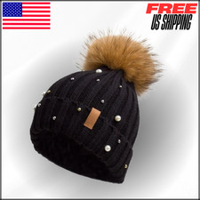 Knit Beanie Hat Fur Pompom Winter Ski Cap Warm Crochet Soft Slouchy Thick Ribbed