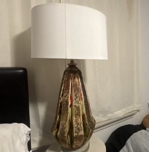 Gold Green Red Metallic Metal Table Lamp w/ White Fabric Drum Shade