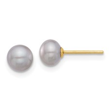 14k Yellow Gold 5-6mm Grey Button Freshwater Cultured Pearl Stud Earrings 0.65gm