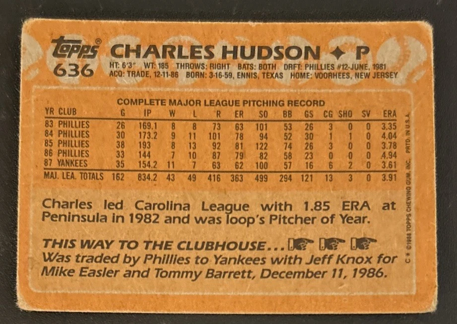 1988 Topps Charles Hudson Baseball Card #636 Yankees Pitcher Poor Many Creases - Image 2 of 2