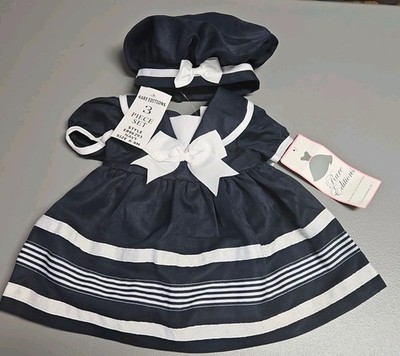 NWT Rare Editions 3 PC Set Sailor Dress Hat Bloomer Outfit Navy & White 6-9M