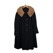 Vintage 60s Forstmann Black Wool Coat Mink Fur Collar Overcoat Womens Large