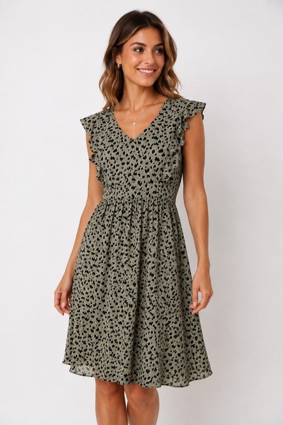 BASQUE sz S 10 Animal Primt RUFFLE DRESS back Zip DAY Sun Summer Work Play #D9