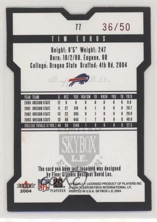 2004 Skybox LE Red Black Border /50 Tim Euhus #77 Rookie RC - Image 2 of 2