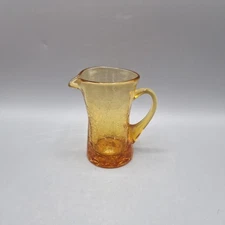 Vintage Art Studio Small Amber Crackle Glass Handled Pitcher Jug Vase 3.5" Tall