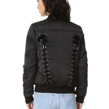 PAM  GELA Black Velvet Lace Up Corset Style Bomber Moto Jacket Medium