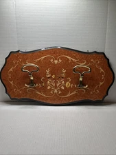 Vintage Italian Marquetry Wood Inlay Floral Wall Hanging Coat Rack w/Brass Hooks