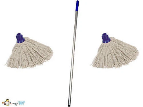 CROWN SUPPLIES Blue Aluminium Mop Handle and 2 x 16py Blue Cotton Socket Mop Heads