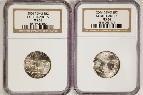 2006-P & D SMS 25C North Dakota State Quarters MS66 NGC 1544408-160 2-Coin Lot