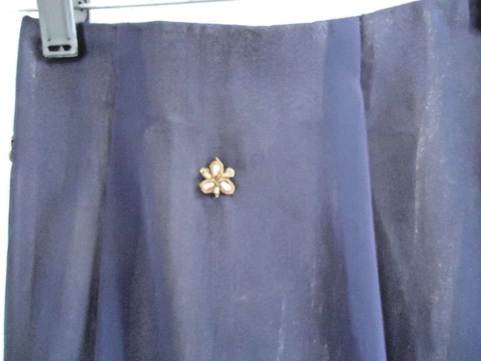 Wedding Party Indian Pakistani 3 P Set Skirt Blouse Scarf Beaded Blue Gold Small - Image 4 of 4