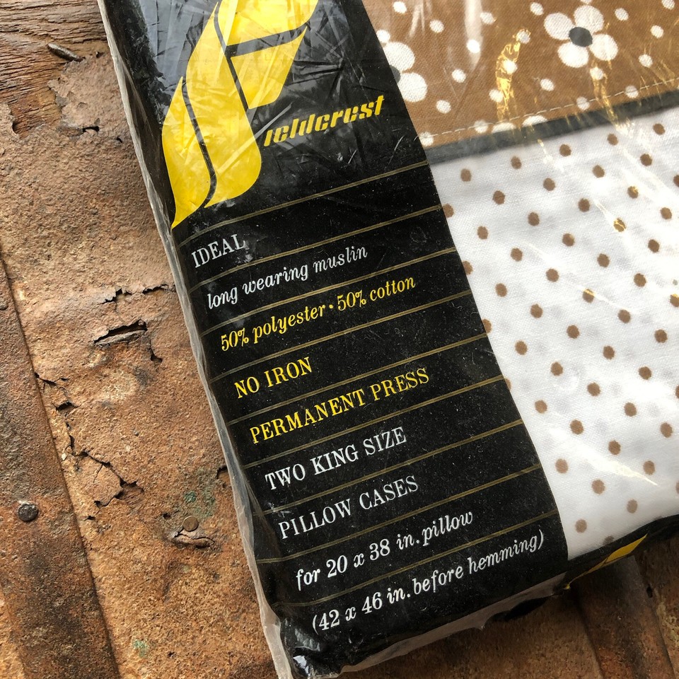 Vintage Fieldcrest King Size Pillowcases Polka Dot Flower Brown Mid