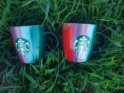 2- Starbucks Mug 2021 Christmas Holiday Paint Stripes Brush 12 oz Coffee Cup Mug