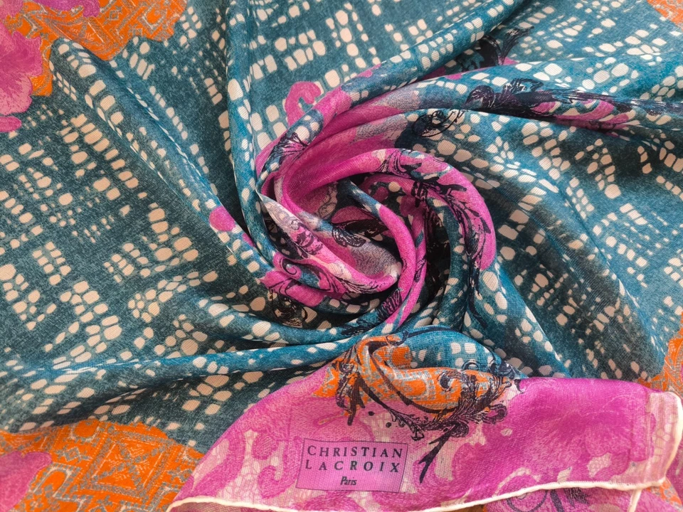 CHRISTIAN LACROIX Pañuelo Cuadrado Rosa Azul Seda Abstracto Estampado Floral 85 cm (34") Foto 2 de 4