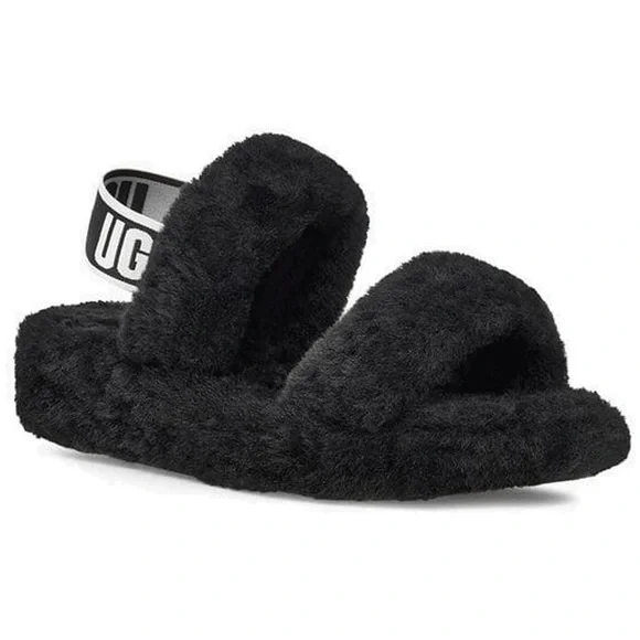 Ugg Australia Oh Yeah Black Fluffy Slides | eBay