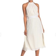 One One Six Dress Womens Small Cream White Halter Chiffon Striped Lined Wedding