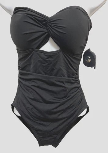 LOFT Beach Swimsuit Size Small Black Shirred Twist Bandeau Removable Straps NEW