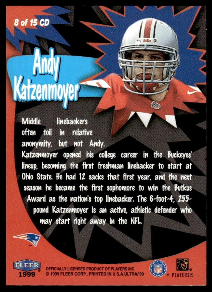 1999 Ultra Caught In The Draft Andy Katzenmoyer Rookie New England Patriots R38 - Image 2 of 2