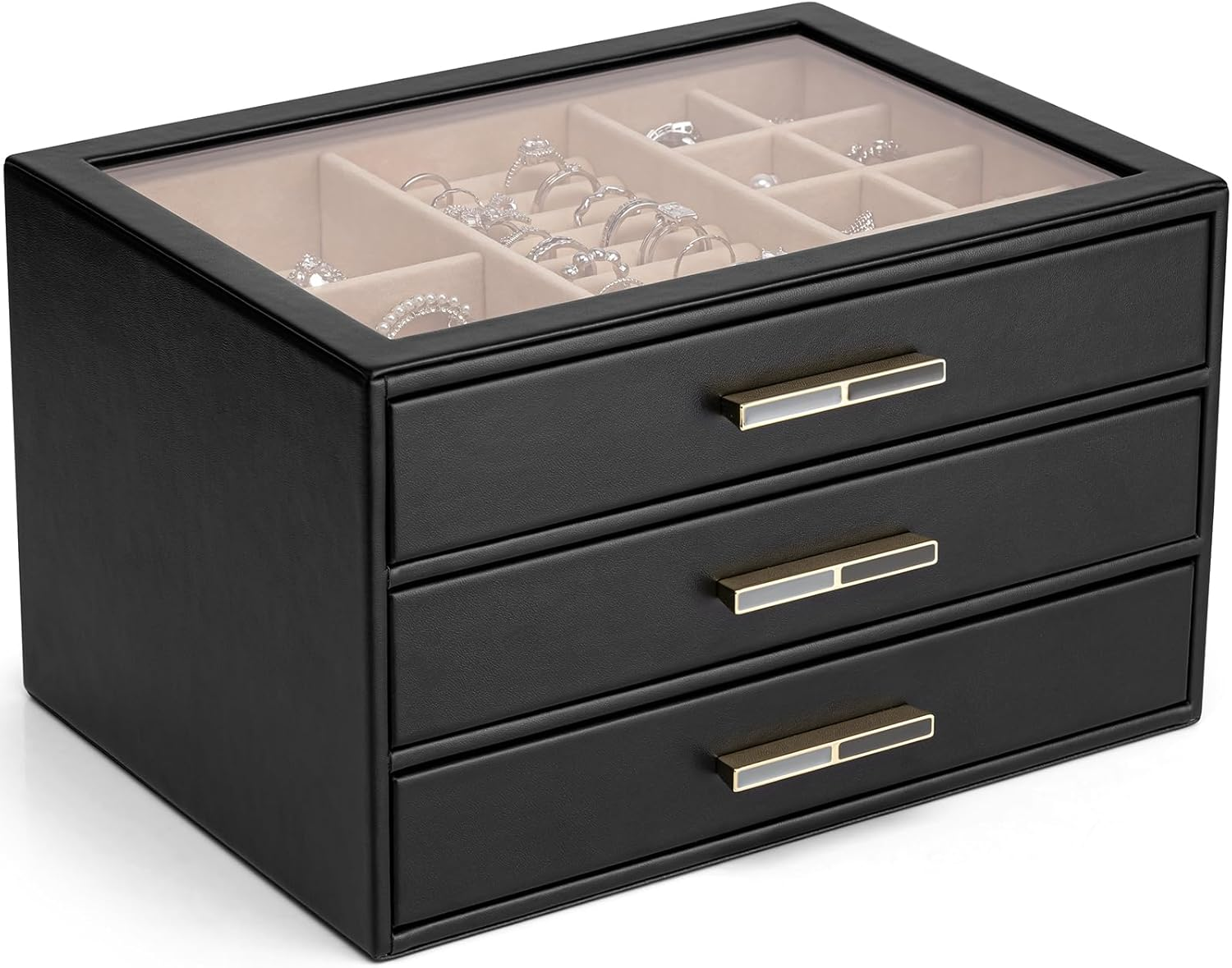 Elegant Glass Lid Jewelry Box for Women with 3 Drawers for Necklaces-image