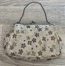 Floral Handbag Purse Gold Metallic Thread Chain Clasp Wedding Gatsby Vintage