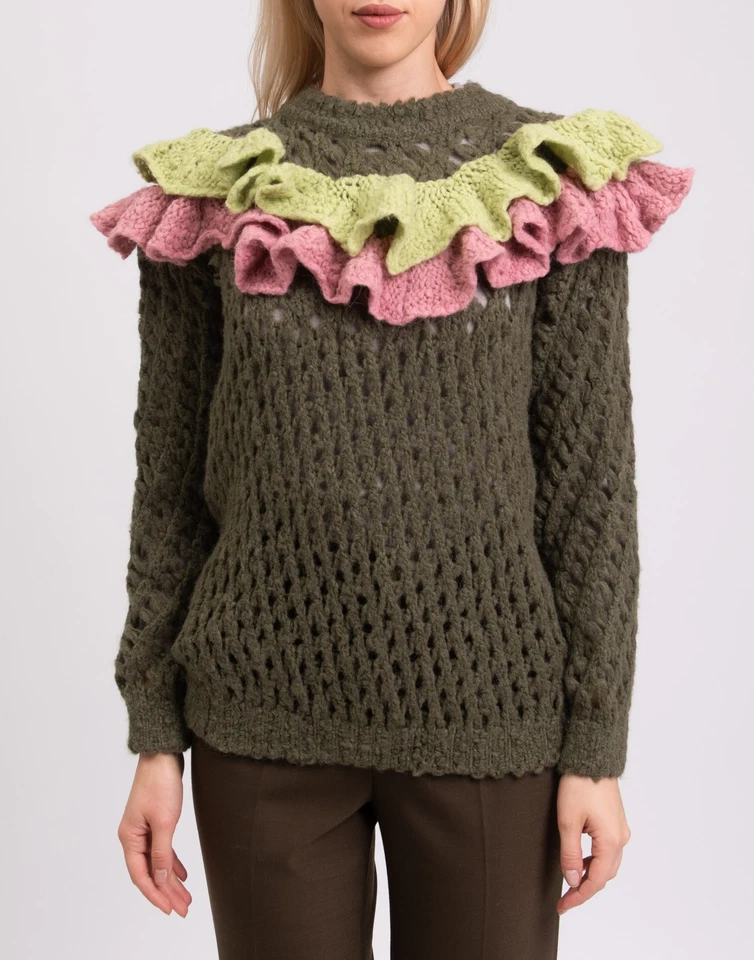 RRP €368 BOUTIQUE MOSCHINO Open Knit Jumper IT38 US4 UK6 XS Green Ruffle Trim - Image 3 of 4