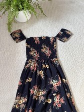 QED Navy Floral Off The Shoulder High-Low Dress With Front Wrap Detail, Size UK8