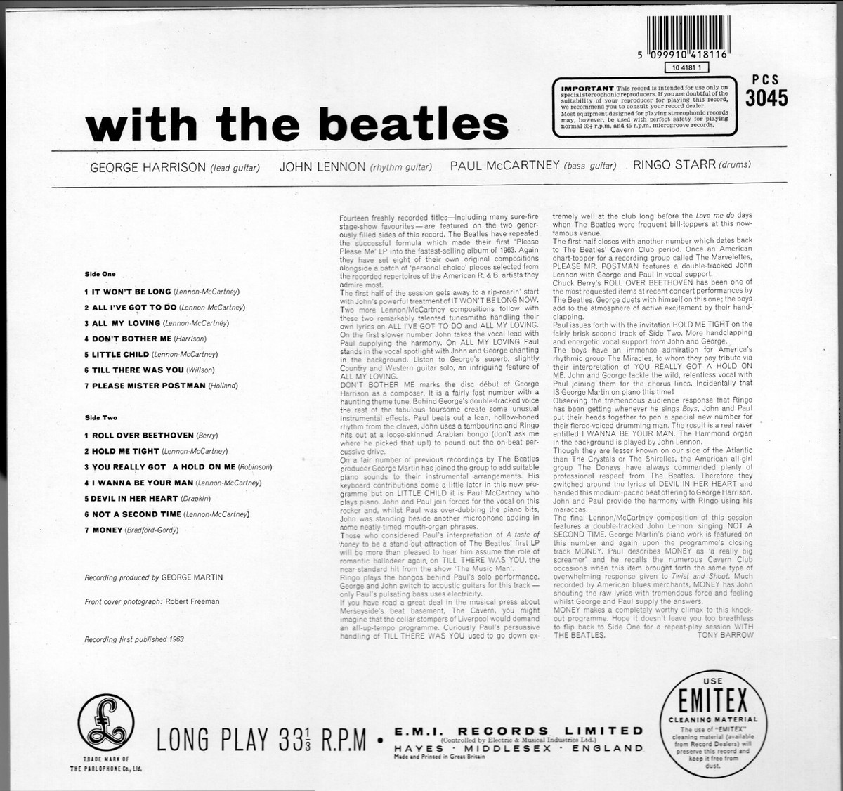 The Beatles with the beatles Vinyl UK Parlophone PCS3045 YEX