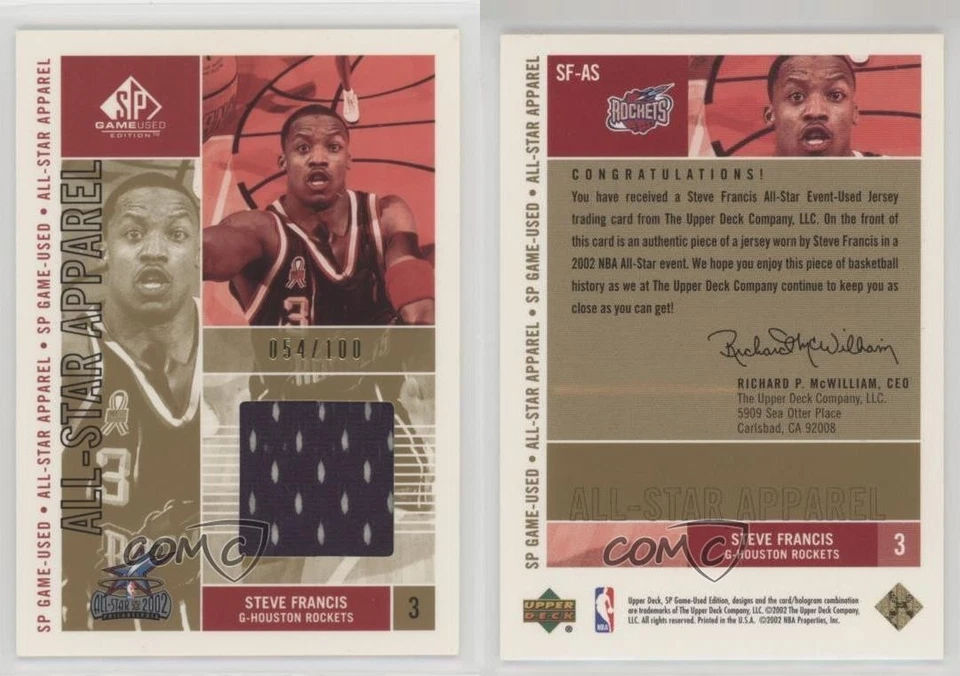 2002-03 SP Game Used Edition All-Star Apparel Gold 54/100 Steve Francis #SF-AS - Image 3 of 3