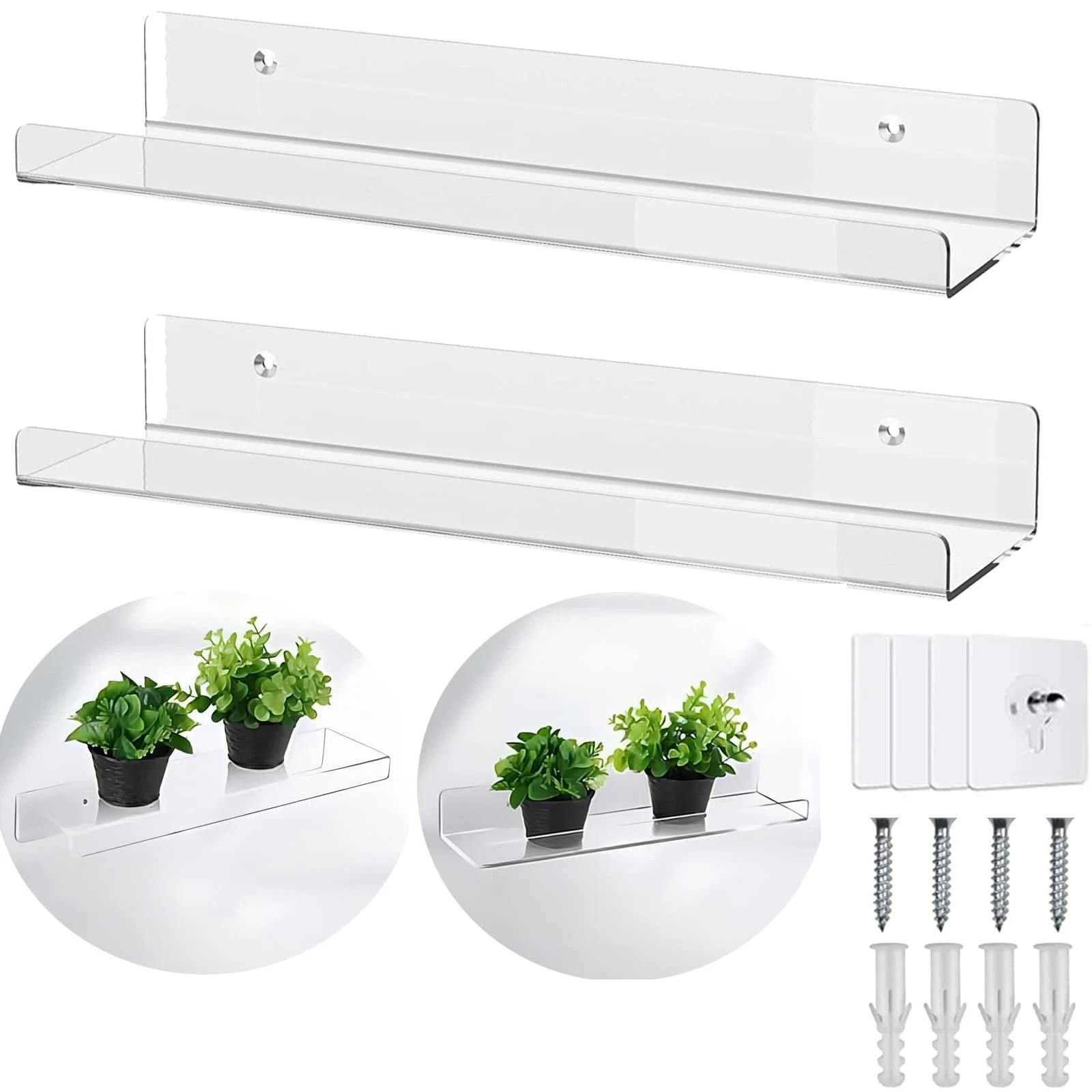 Clear Acrylic Floating Shelves Wall Mounted Spice Rack 12 Inch 2 PCS