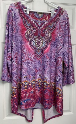 One World Tunic Top Size 1X Purple Paisley Mixed Media Open Back Skirted Studded