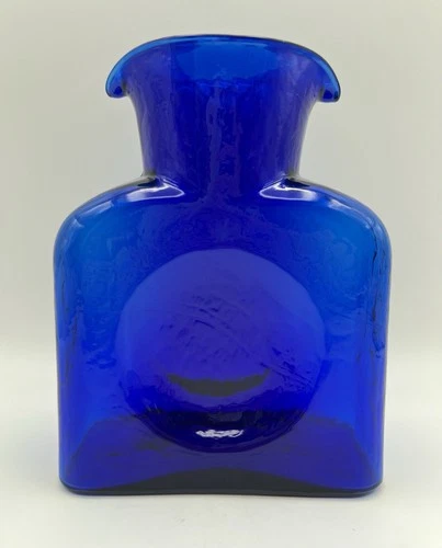 Blenko Cobalt Blue 384 Hand Blown Glass Double Spout Water Bottle Carafe 8”