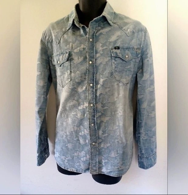 Cult of Individuality Clint Western Blue Denim Shirt Long Sleeve Pearl Snap Camo - Image 2 of 4