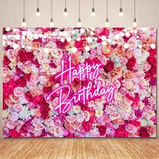Ayayiya Pink Flower Happy Birthday Backdrop Banner Decorations for Women,Pink Ne