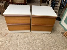 Bedside Cabinet Drawers Table White & Brown 2 Drawer Front Vintage Retro x 2