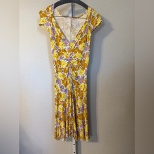 Free People Floral Ruched V Neck Midi Dress Yellow Purple XS