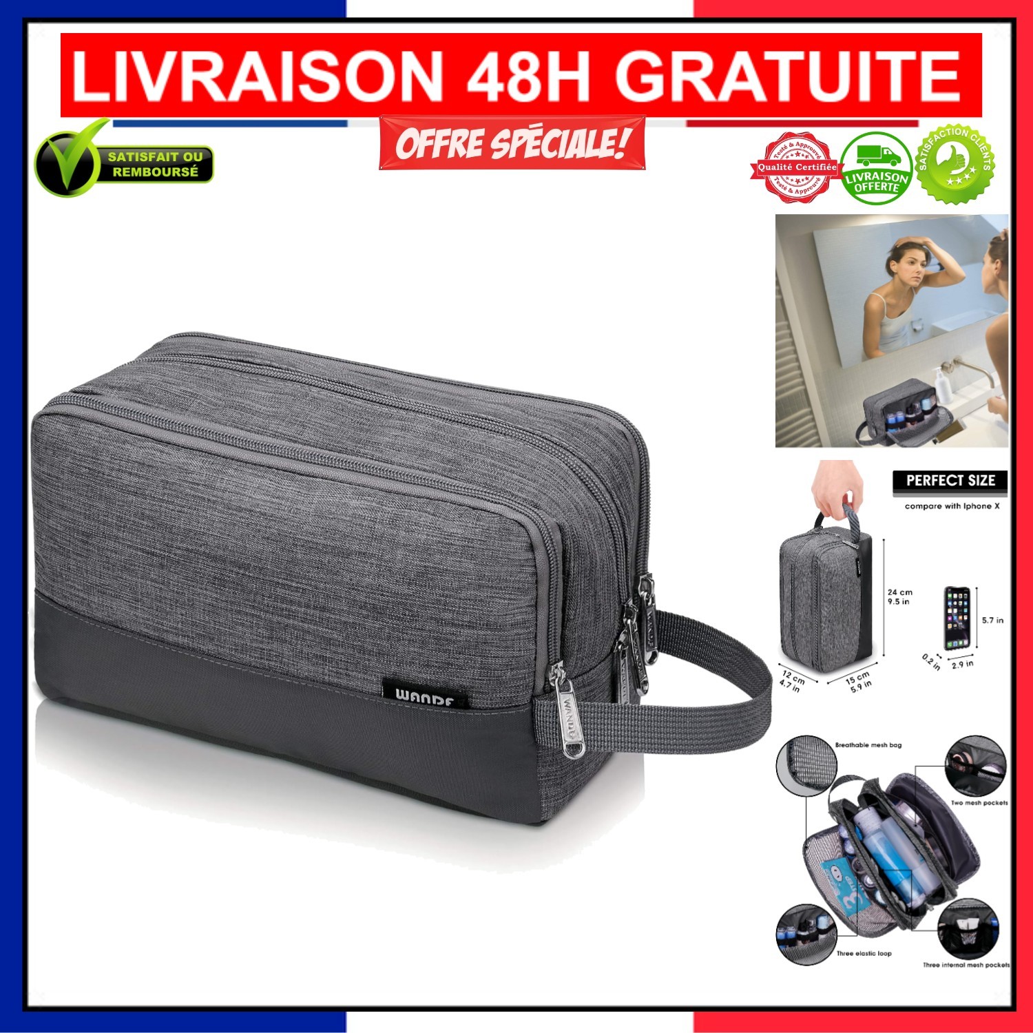 Trousse de toilette chic anti-fuite pour flacons et maquillage | Format cabine
