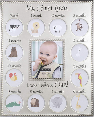 International Designs My First Years Beaded Two Tone Silver Metal Picture Frame,