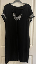 Talbots Shift Dress Large Short Sleeve Black White Embroidered Cotton V Neck