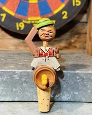 ANRI Wood Bottle Cork Stopper Man Sitting On Keg Mechanical Folk Art Vintage