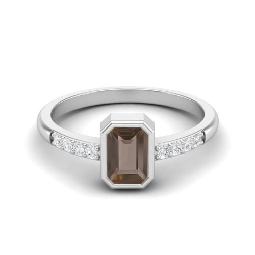 Bezel Set Emerald Cut Smoky Quartz Gemstone 10k White Gold Solitaire Women Ring - Picture 1 of 6