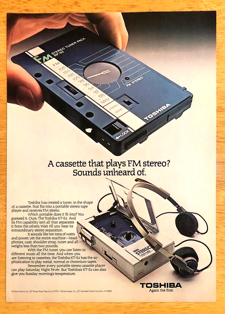 TOSHIBA KT-S2 PORTABLE CASSETTE PLAYER & RP-S2 FM ADAPTOR—1981