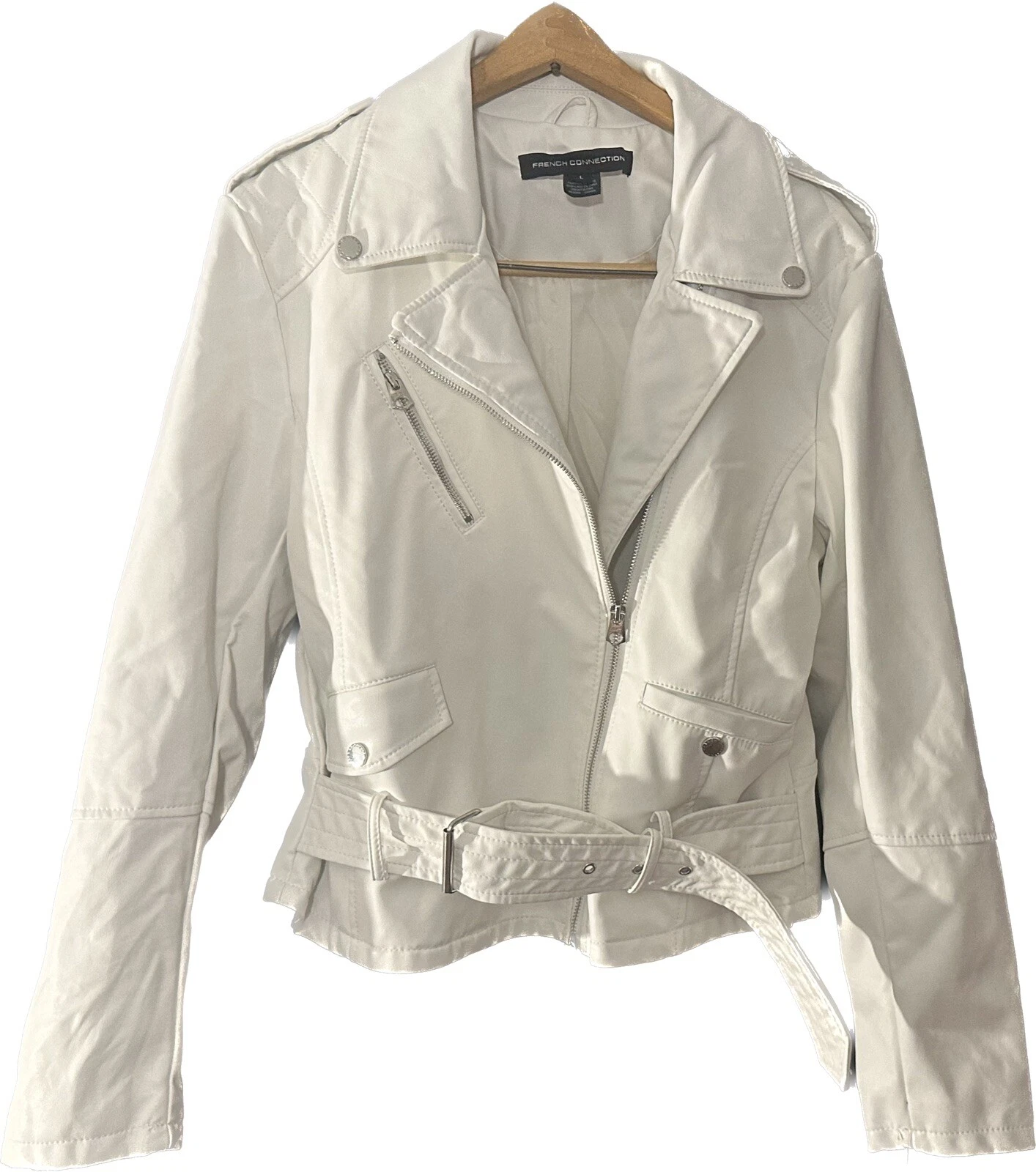 French Connection Women’s Moto Vegan Faux Leather Crop White Jacket Large