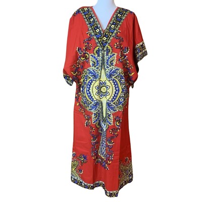 NEW Vintage Kaftan Batik Free Hand Made 1970s Cotton Long 1/4 Zip Red Yellow 52''