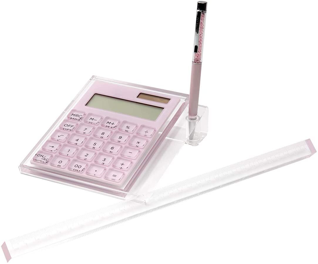 Set of 4 pcs Pink Acrylic Solar Calculator Desk Set + Ruler Stand Pen Gift Box