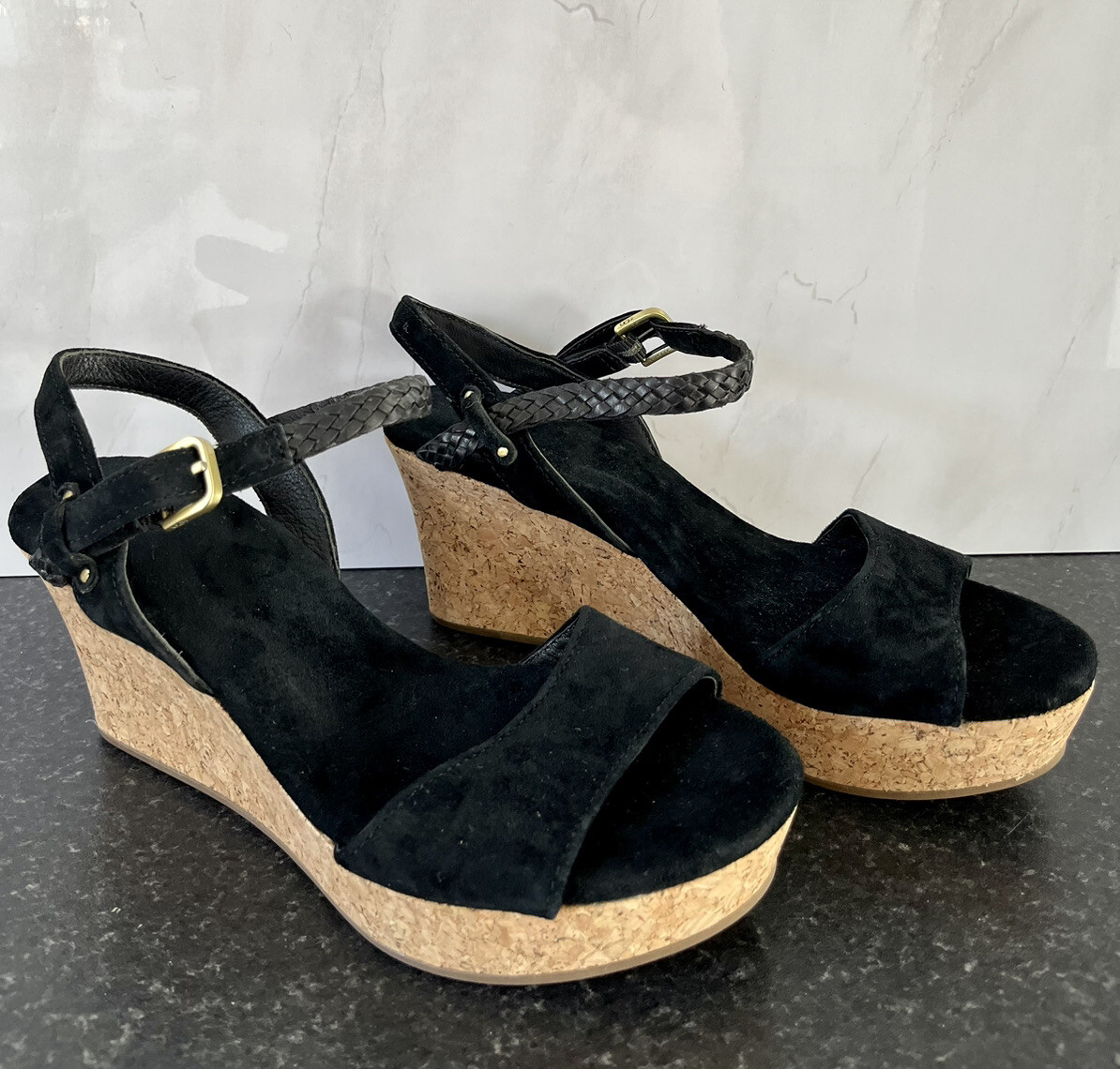 Ugg D'Alessio UK Cork Wedge Black Suede Ladies Sandals Worn