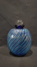 Vintage 1988 Robert Eickholt Perfume Bottle, Blue with Iridescent Swirl, 5"