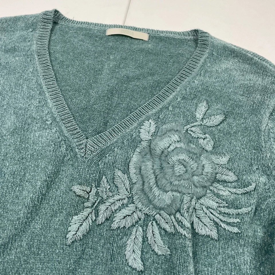 Jersey M&S 14 azul cuello en V tejido para mujer liso pavo real bordado - Imagen 4 de 4