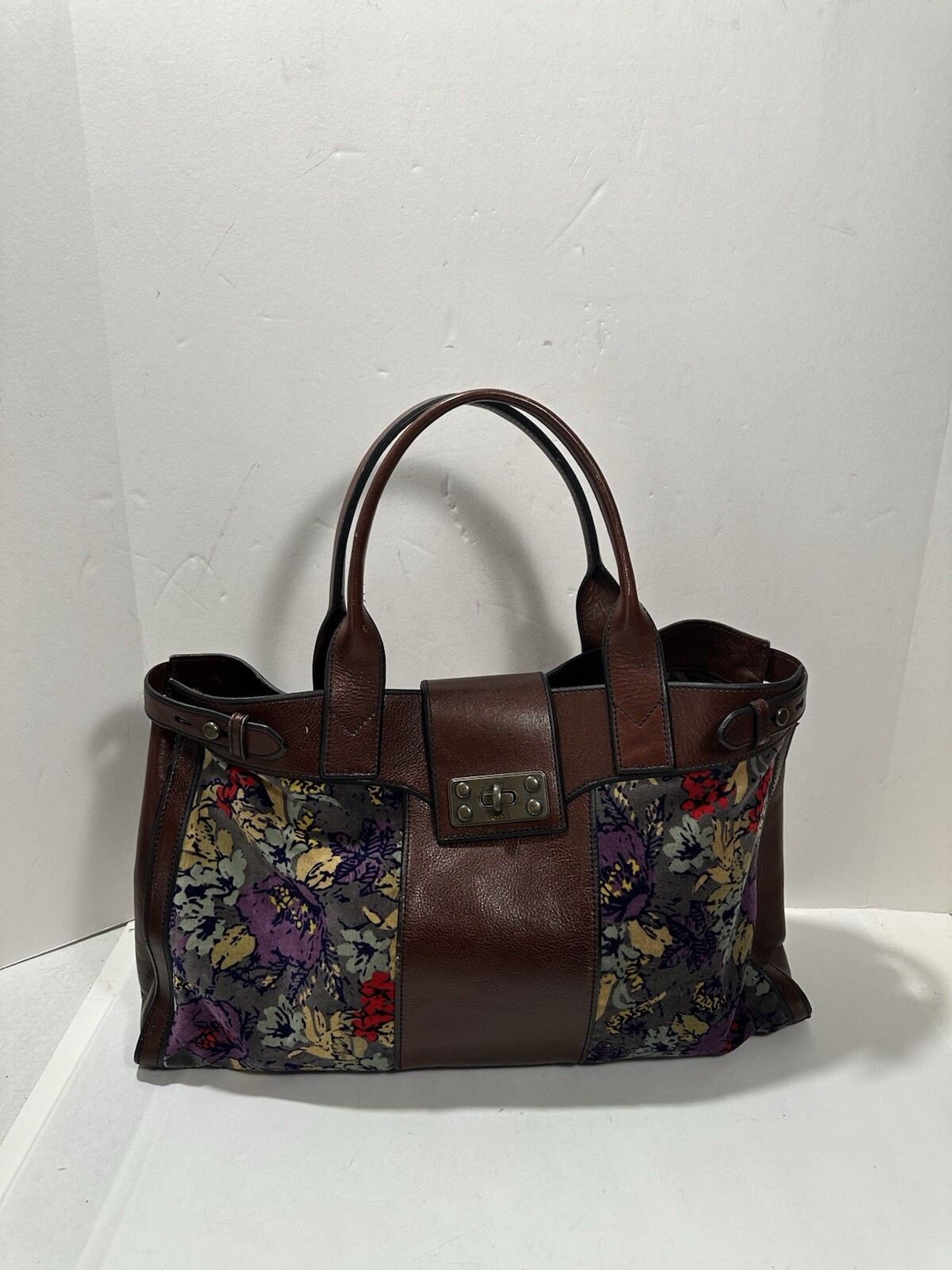 FOSSIL Vintage Reissue Weekender Tapestry Print Brown Leather Shoulder Handbag image 2