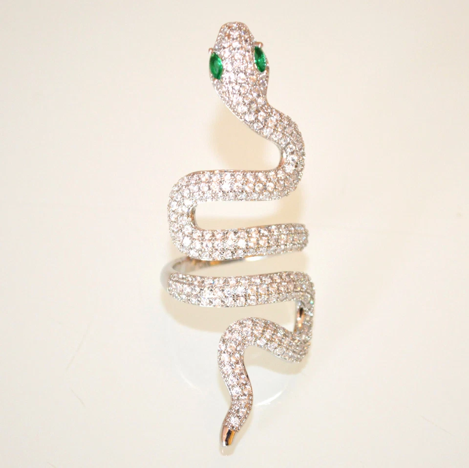 ANELLO SERPENTE donna argento strass cristalli verdi regolabile brillantini UD74 - Immagine 2 di 3