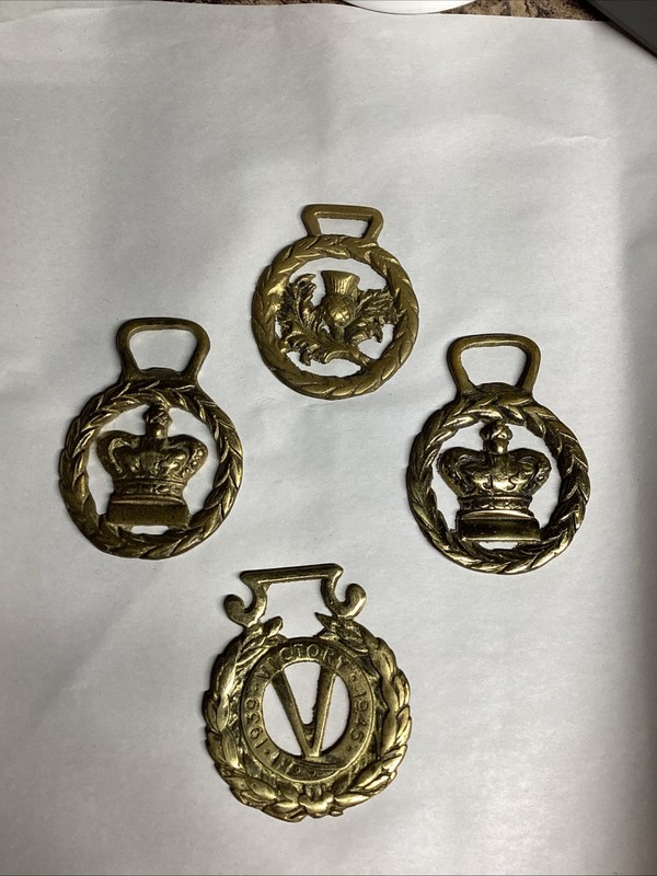 Brass Horse Medallions Antique English Victorian Crown Royal Laurel Show Harness